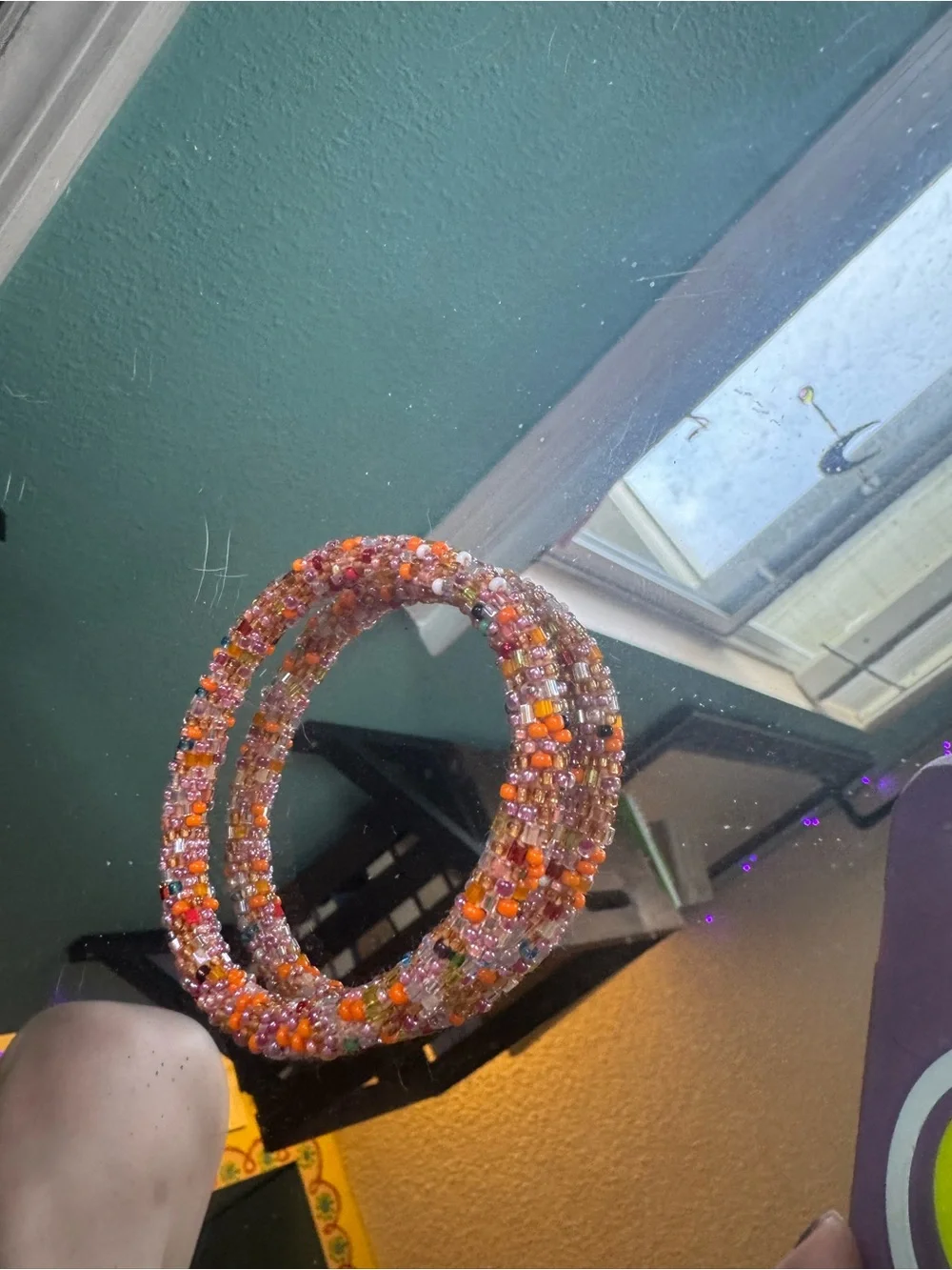 Handcrafted Multicolor Seed Bead Bangle Bracelet - Orange & Pink